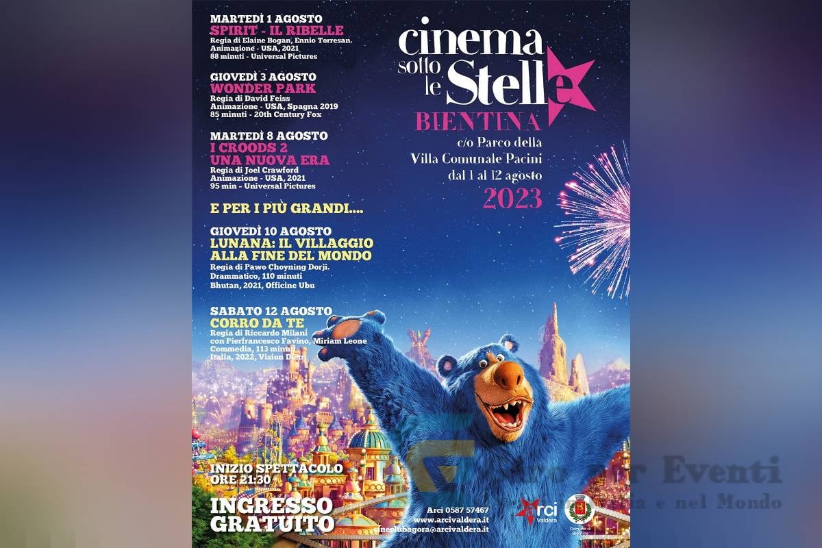 Cinema Sotto Le Stelle a Bientina Dal 1 al 12 agosto 2023 Anche quest’anno torna a Bientina il Cinema Sotto Le Stelle!